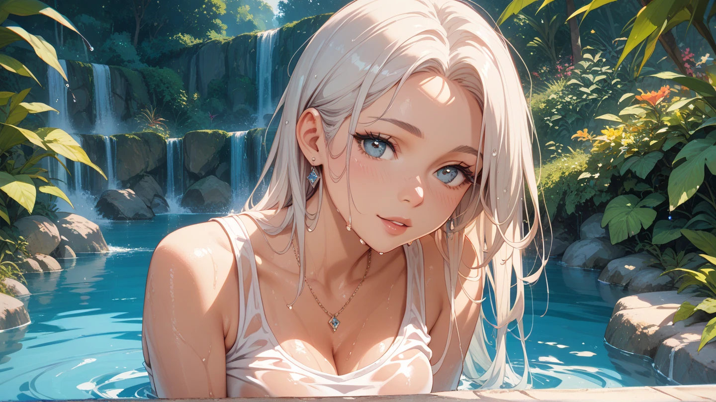 Night view, Close-up photo of Danelia Tuleshova, Small Breasts, Bathe near the waterfall, The body is soaked in water, Skinny cheeks, Wet hair, cheer up, Tempting face, very good, Stone, Purified water, Cleavage Show, Water on the body, Realistic pores on the body, Look up at the sky and smile, Black ponytail, (blue eyes:  0.8), Beautiful adult face, 40s, Soft volumetric light, (Backlight: 1.3), (Movie: 1.3), Intricate details, (Art Station: 1.