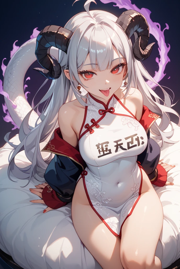 text, Highest quality, masterpiece, 4K, Absurd resolution, Ultra-high resolution, 8k, Actual, Realistic, Bright colors, , Vibrant color palette, Great studio lighting, Very detailed, Detailed eyes, Detailed skin, Detailed Hair, Detailed fabric, Accurate Eyes, BREAK, YamatoV2(one piece), sexy Pose, Perfect body skinny,, Beautiful Lips, Highly detailed face, , sexy, horn(Wrapping , Left and right pair, multicolo Red), large breasts , Cleavage, Slim waist, smile, Torn clothes, Loincloth, Hands in chains, Very detailed, Bright colors, ,The clothes are see-through , full-body, dynamic angle, (background is Japanese Castle)