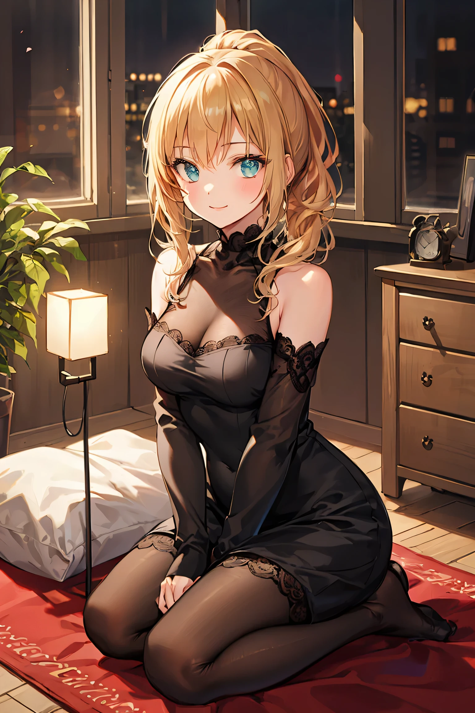 luminedef, Gothic & ta, A girl with golden hair styled in a short ponytail with black mesh streaks, wearing a gothic ta outfit. She is sitting on a fluffy carpet in a warm, cozy bedroom, surrounded by a variety of stuffed animal toys. Her posture is a "seiza" (kneeling with legs folded under), gazing upward with a gentle, Madonna-like smile and a loving, tender expression in her eyes. The room is softly lit, creating a peaceful and nurturing atmosphere. Her outfit features lace, frills, and dark tones, contrasting beautifully with the warm environment and her angelic presence. ultra-detailed, 8k, soft lighting, warm color tones, delicate textures, gothic ta fashion, seiza pose, innocent expression, plush toys, cozy bedroom, cinematic mood, soft shadows, full body, intimate composition