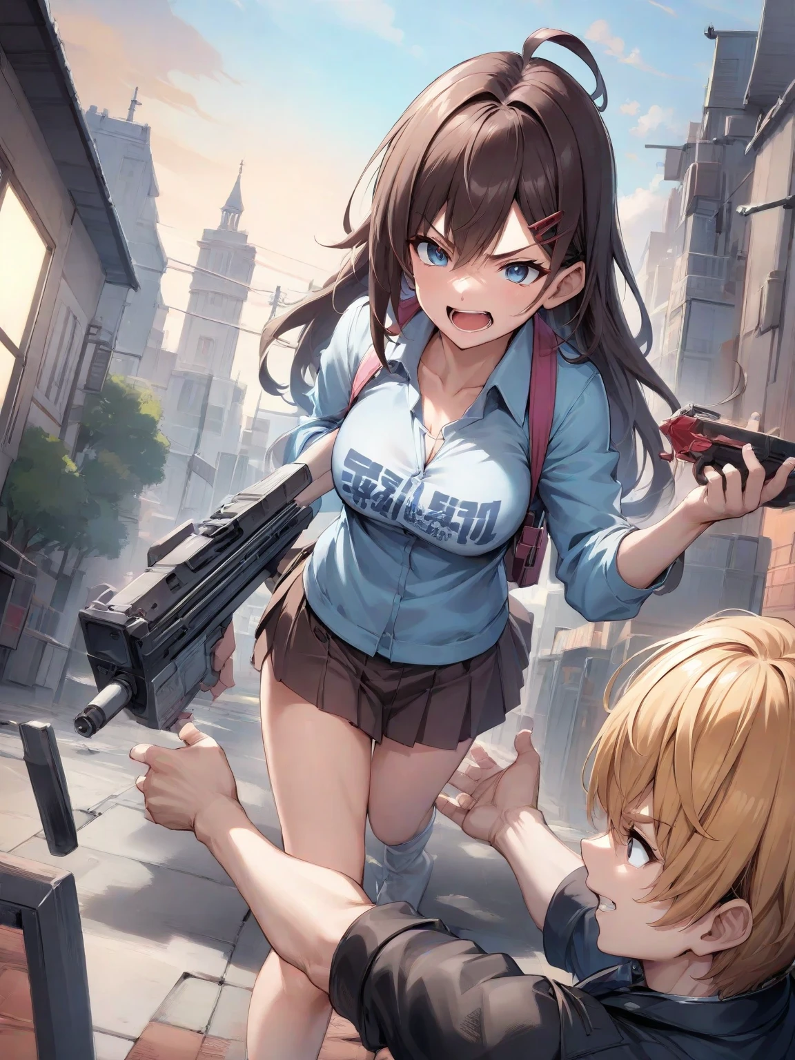 ((top quality)),(超A high resolution),(super detailed),(detailed description),((best anime)),(best work of art),super precision art,amazing art of depiction,Overwhelming descriptive power:1.5, top quality action movies:1.5, gun action:1.5, (Multiple adult women:1.5),body covered in mud and dust:1.6,income,1 girl、cleavage、smile、beautiful eyes