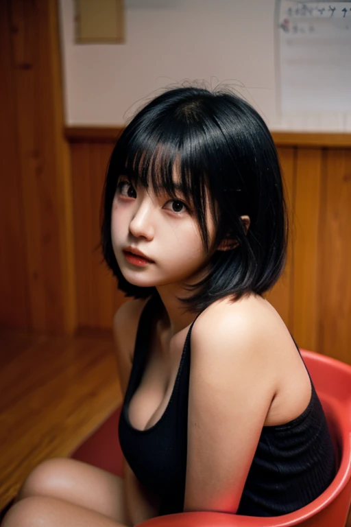 Masterpiece,best quality,solo, one beautiful Japanese girl,13 years old,(Young body,Infantile body,flat chest, innocent face, innocent expression:1.5),(black eyes,large eyes, half-open eyes, eyelids half-closed, glazed over, slanting eyes,sleepy eyes:1.5),(black soft hair,bob cut,straight bangs:1.5),