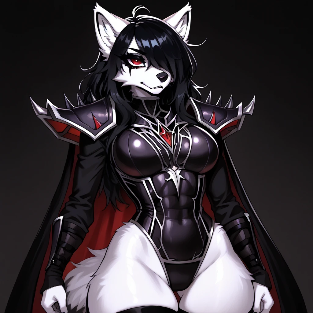 female anthro porcupine, black fur, black body, big breasts, extremely long black quill hair, red corset, red panties, red boots