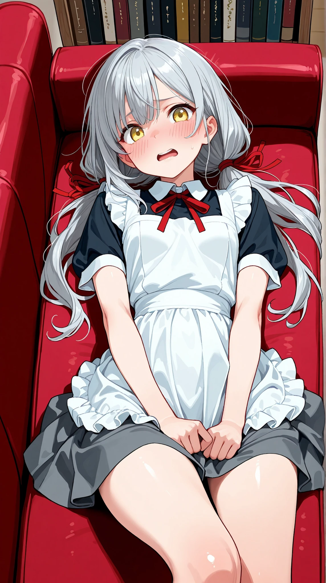 8K (high resolution)　(Super Detailed)　(masterpiece)　(top quality)　detailed eyes　detailed face　Detailed hands　Delicate hair　 detailed wrinkles on clothes　very elaborate body standing against a bookcase　fine skin　(solo)　early 10s　yellow eyes　Childish appearance　(Grey Hair)　Long hair　Tie one back hair　bungs　red ribbon on the side of the head　slender figure　(small tits)　flushed cheeks　look embarrassed　Open your mouth　Student uniform　plain skirt　Apron Dress　Lying on the Couch　hide crotch with hands　IN THE BACKGROUND　dynamic angle
