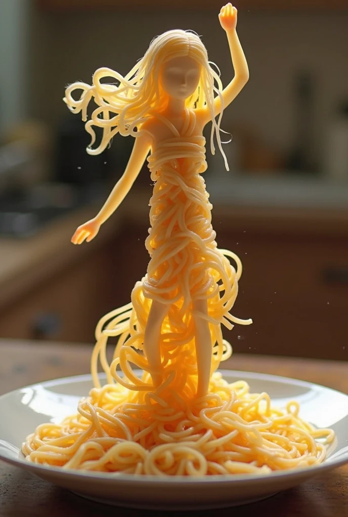 " A whimsical miniature figure composed
of delicately arranged noodles poised in a carefree dance on the rim of a plate white shiny plate set on a table vibrant kitchen backdrop. where dappled sunlight tilters through the canopy above
Casting intricate shadows. the overall aesthetic is ethereal. with warm. earthy
tones of sienna umber, infused with hints of emerald and golden light, evoking a acnse of wonder and enchantment as if
Plucked from a fantastical realm,,