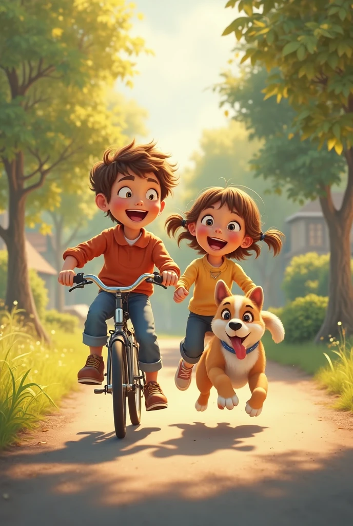 Girl with boy sitting on bike with dog