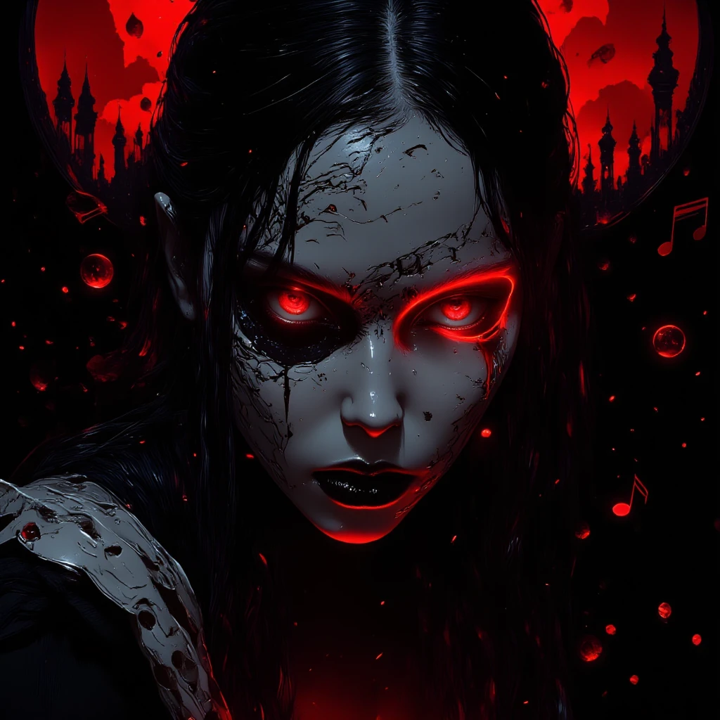 a close up of a woman with blood on her face, with red glowing eyes, with glowing red eyes, vampire girl, fantasy horror art, gothic fantasy art, with red eyes, dark fantasy horror art, horror fantasy art, gothic maiden anime girl, beautiful vampire queen, red glowing eyes, with a red eyes, artwork in the style of guweiz