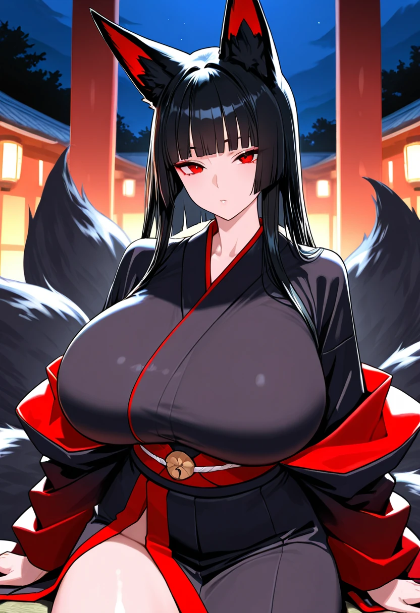 NSFW, masterpiece, (detailed, highres, best quality), 1girl, gigantic breasts, hair between eyes, ear piercing, fox tail, large tail, hairclip, choker, kimono, hair bow, night, night sky, sky, space, star (sky), starry sky, smiling, smirk, hand up, holding, looking at viewer, solo, breast out, huge breasts, full body