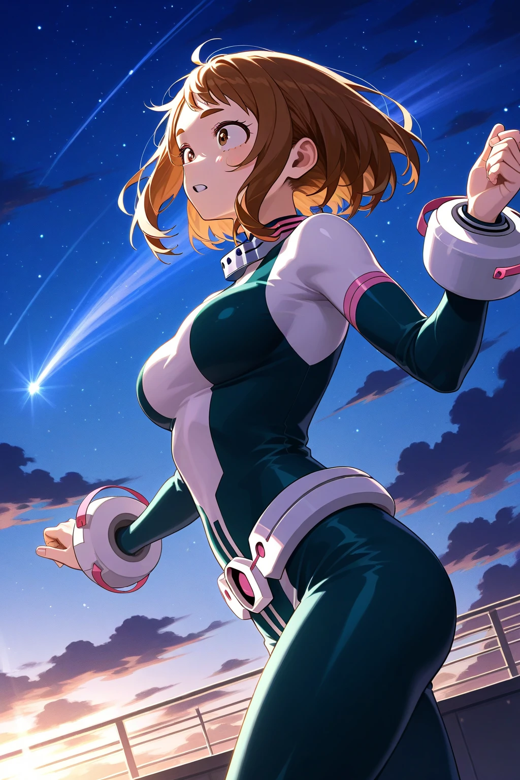 uraraka ochako, My Hero Academia style, wide hips, sexy, skinny, brown short hair, Showing armpits and pussy half naked, space background, laying smiling.(((Half naked)))
