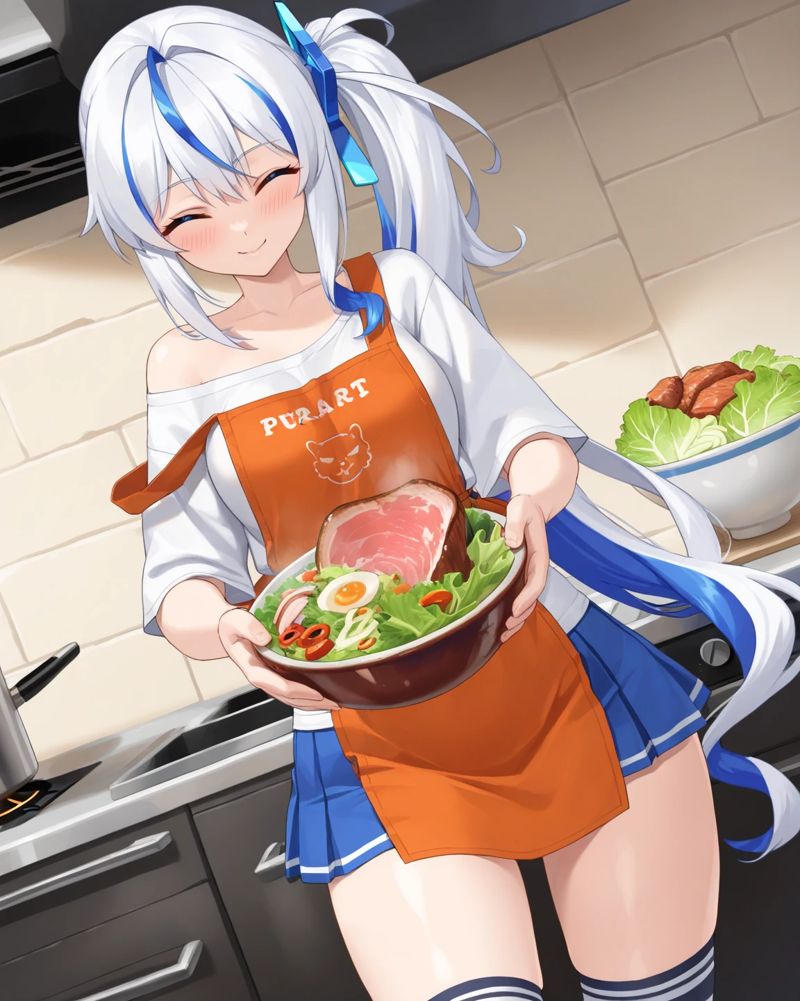 Silver Hair、Silver Eyes、Canines are prominent when smiling、long hair、With bangs、Pervert、Muchimuchi、Pervertボディ、big、Abdominal muscles、plump、Browsing Caution、Steamy breath、shortness of breath、Super powerful and huge busty breasts、(apron、おっぱいはapronで覆われている、ピンクのapron:1.3)
