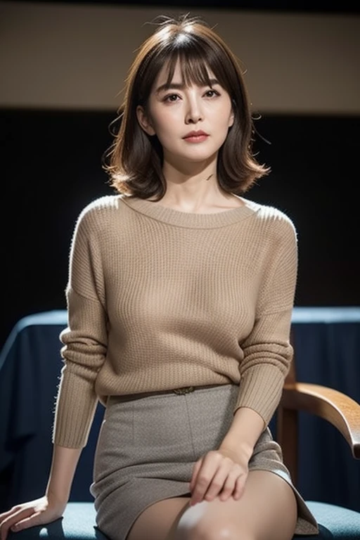 Highest quality, masterpiece, High resolution, Photorealistic, Professional Lighting, Very detailed, Depth of written boundary, ((Beautiful mature woman)), ((30 years old)), Sexy Woman, classroom, ((Leather sweater,Leather skirt)), Detailed face, Beautiful Eyes, Bans, Shapely large breasts, Light brown straight hair, Faint lips, ((Stand facing forward、Staring at the audience, Serious face)), Cowboy Shot, sharp,