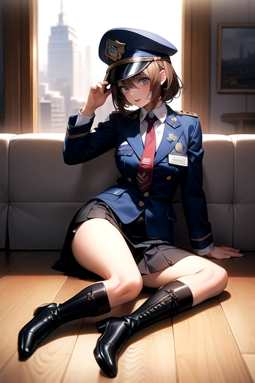 (master-piece:1.2, Need), (realphoto, Crafted with great care), 独奏, 1lady,brownd hair,slong hair,Policewoman,Police uniform,police hat,Black pantyhose,high-heeled shoes