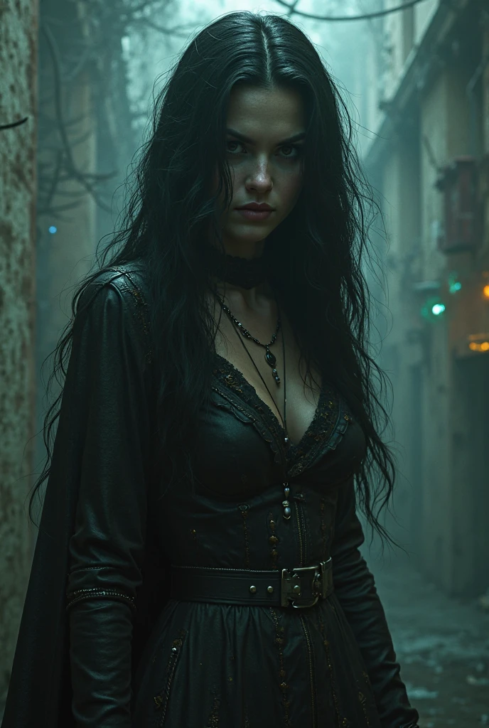 A strikingly contrasting figure, the goth girl prowls the streets at night with an air of mystery. Her black dress is adorned with silver spikes and chains, adding a tough edge to her appearance. The image, most likely a photograph, captures her in the dim light, creating a moody atmosphere. Every detail is sharp and clear, from the intricate lace on her gloves to the smoky makeup around her eyes. The high quality of the image allows for the viewer to feel as though they are right there on the darkened streets with her, experiencing the same sense of intrigue and rebellion.