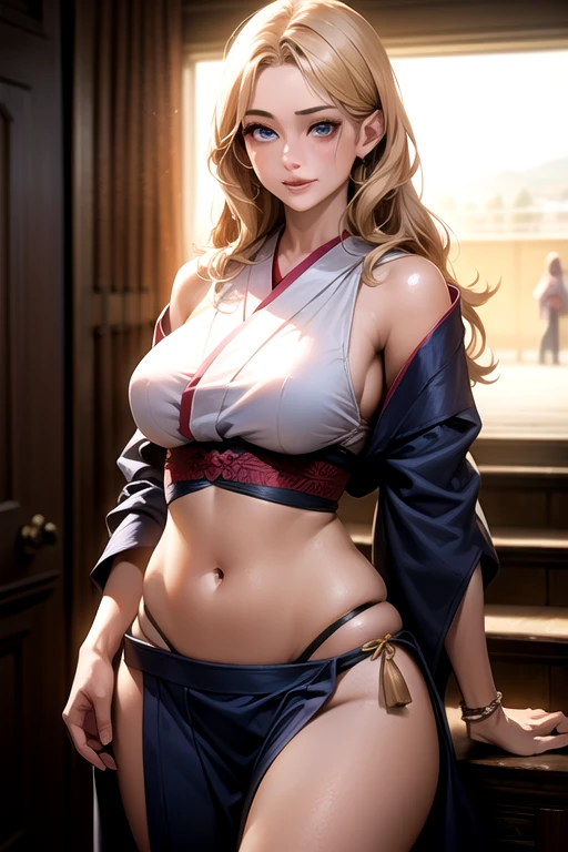 "(masterpiece, best quality, 8k, sharp focus, depth of field, best shadows, perfect lights, HDR, realistic skin texture, ultra-detailed and detailed background)", solo, 1woman, Lidia Sobieska (from tekken 8, blonde, short ponytail and hair bow, toned body) dancing with a sexy yukata at a clubhouse
