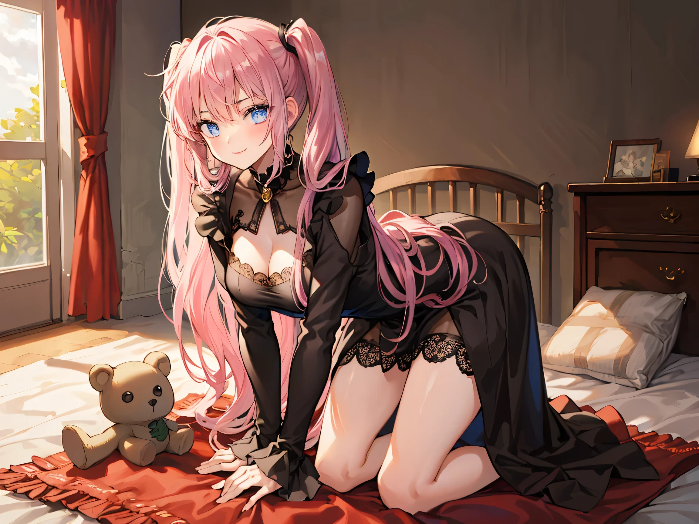 luminedef, Gothic & ta, A girl with pink hair styled in a short pigtails with black mesh streaks, wearing a gothic ta outfit. She is sitting on a fluffy carpet in a warm, cozy bedroom, surrounded by a variety of stuffed animal toys. Her posture is a "seiza" (kneeling with legs folded under), gazing upward with a gentle, Madonna-like smile and a loving, tender expression in her eyes. The room is softly lit, creating a peaceful and nurturing atmosphere. Her outfit features lace, frills, and dark tones, contrasting beautifully with the warm environment and her angelic presence. ultra-detailed, 8k, soft lighting, warm color tones, delicate textures, gothic ta fashion, seiza pose, innocent expression, plush toys, cozy bedroom, cinematic mood, soft shadows, full body, intimate composition