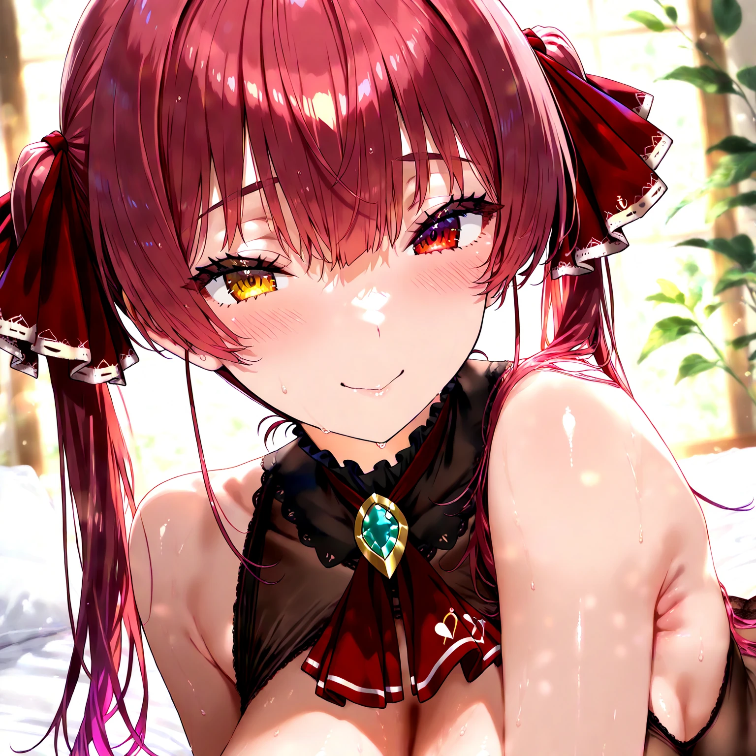 (masterpiece:1.2), best quality, high resolution, unity 8k wallpaper, (illustration:0.8), (beautiful detailed face:1.2, beautiful detailed eyes:1.2), perfect lighting, extremely detailed CG, (perfect hands, perfect anatomy), 

Cute, beautiful, charming lady, shiny hair, lustrous skin, 
milf, married woman, soft With a gentle appearance and a gentle mother-like atmosphere,

hindenburg_a, horns, very long hair, red hair, bangs, deep red eyes, large breasts, bare shoulders, hindenburg black leotard, clothing cutout, black gloves, pantyhose, elbow gloves,