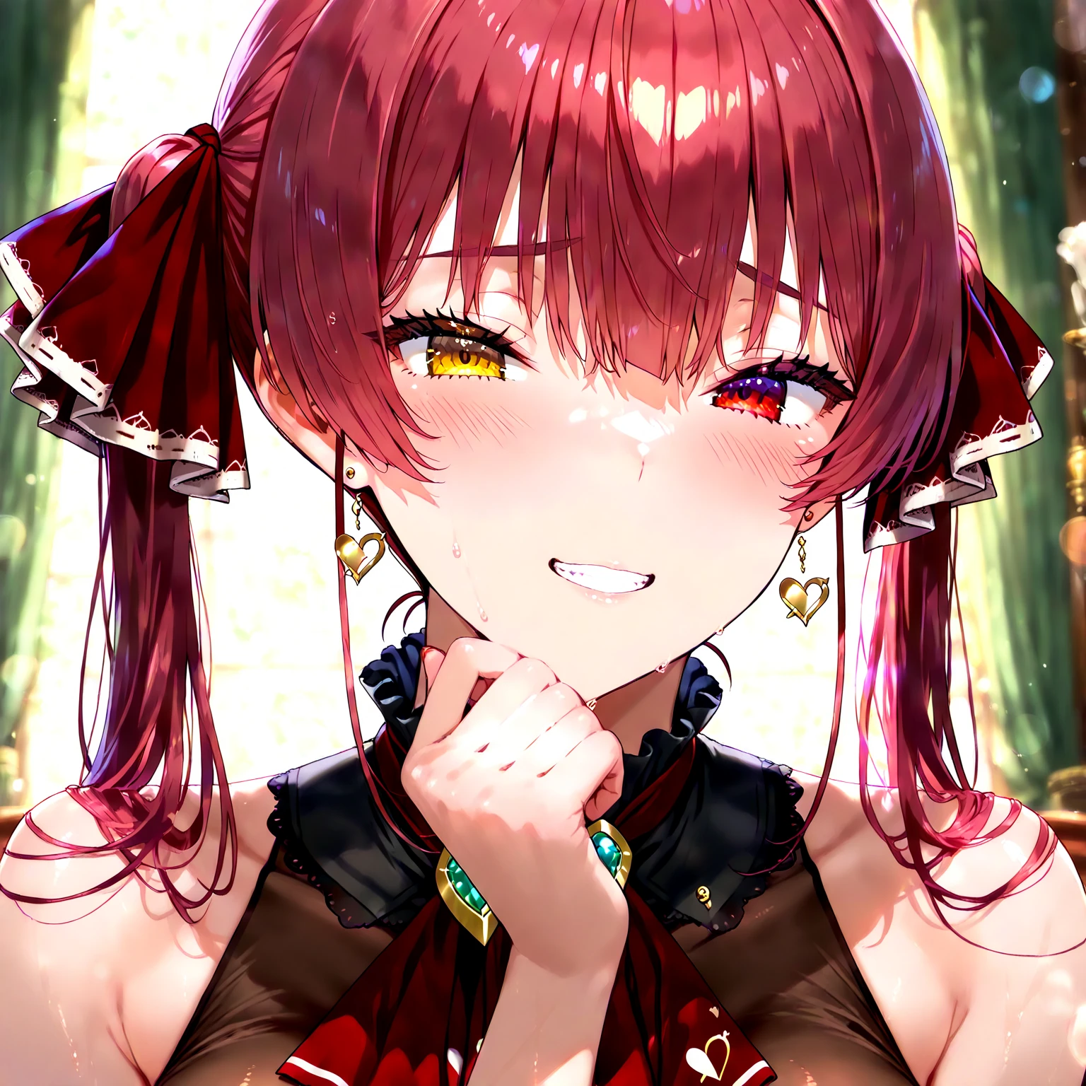 red braids, long red hair, pink eyes, small breast, white clothes, girl, adult