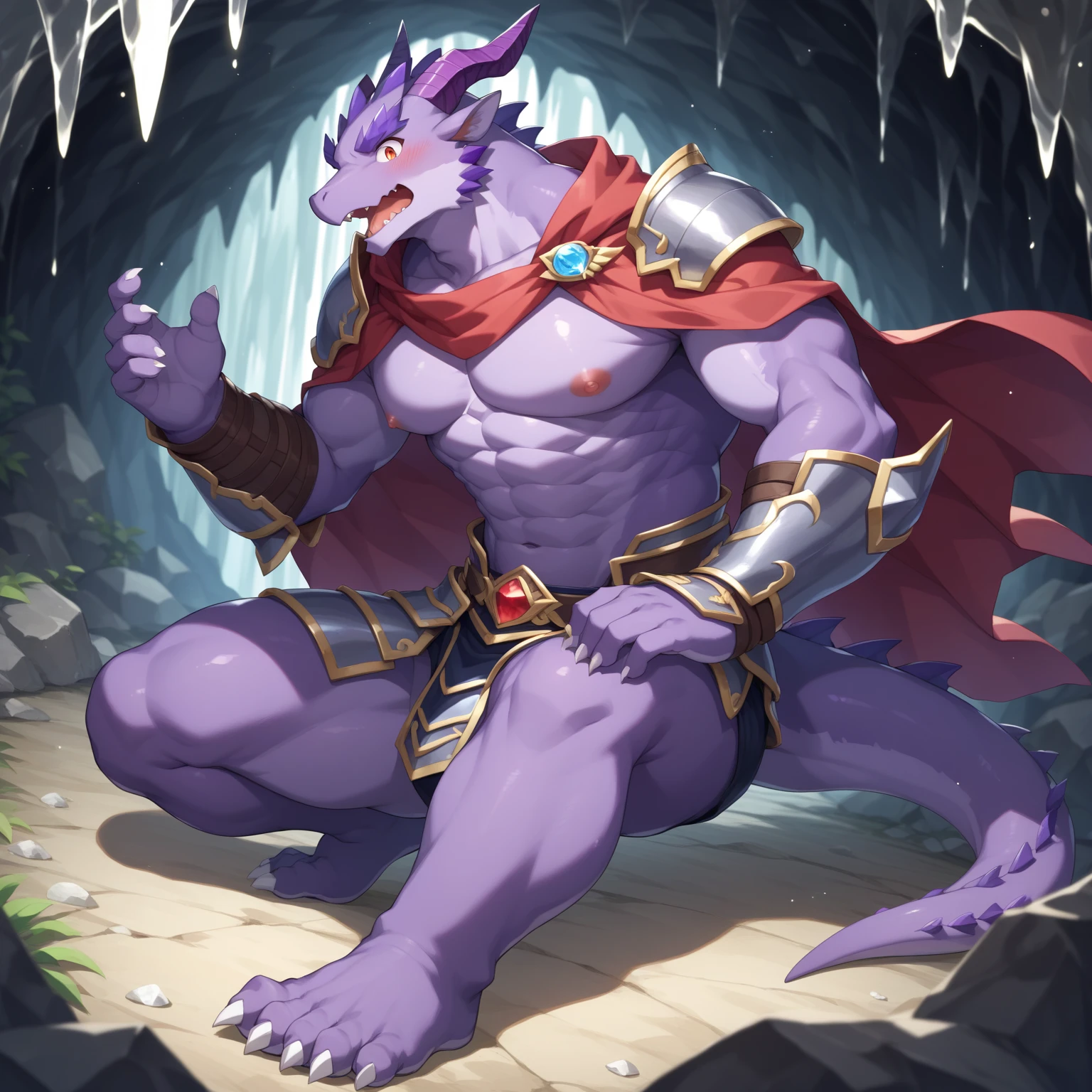 Purple dragon, muscular, dressed like a knight