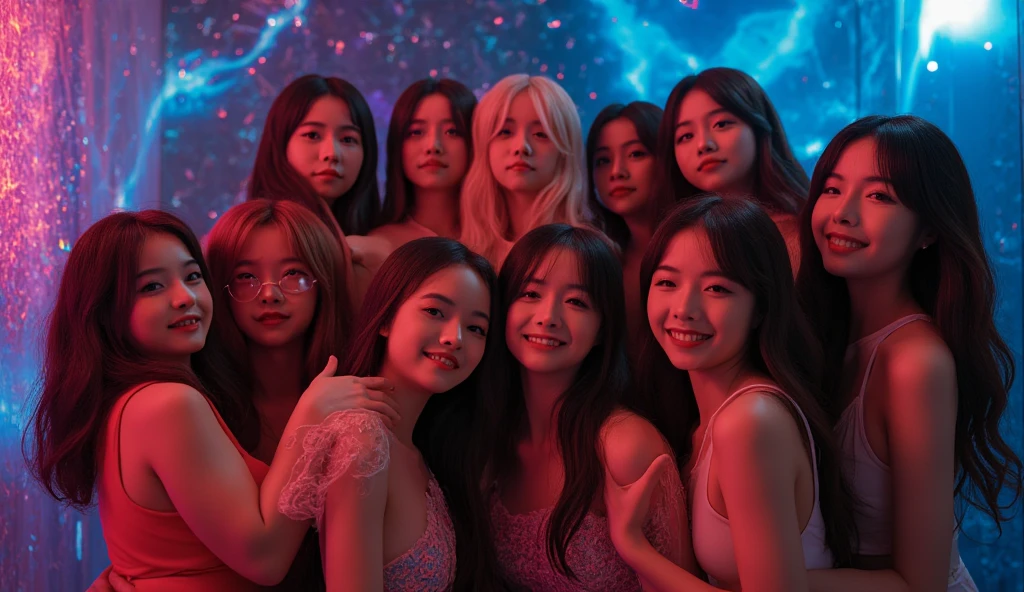 (masterpiece), top-quality, 超A high resolution,Japanese teenage girl, Cyberpunk Stunning cityscape,Japan girls standing on the veranda ,Wearing pink towel fabric pajamas、off shoulders、large full breasts。hair color random、Hairstyle Random、Beautiful starry sky、neon color, flushed, stunning night sky, 电影灯光, Photorealsitic, real looking skin, nffsw,