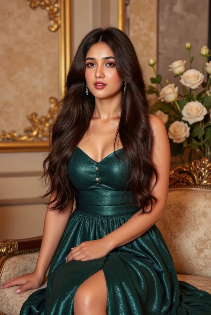 Create an ultra-realistic image of a modern, attractive female influencer of Indian descent, aged between 27 to 30. She should have a warm and inviting smile, expressive almond-shaped eyes with a slight shimmer, and clear, glowing skin with a medium brown complexion. Her features should be well-defined, with high cheekbones and a sharp jawline. Her hair should be long, thick, and wavy, with a natural shine and bounce, styled in loose waves, dyed a deep, reddish-purple hue that’s bold yet sophisticated.
She is wearing an emerald green velvet strapless frock, featuring a rich emerald green color with a sweetheart neckline and a body-hugging fit. The luxurious fabric adds depth and elegance. Her bust size is large and big (44-46 inches), offering a balanced and proportionate size that fits a variety of body types, enhancing her look with versatility in fashion. She has a slender yet athletic build, reflecting a healthy and active lifestyle, with an increased bust and butt size.
Her outfit is completed with elegant black heeled sandals that add sophistication to her look. She accessorizes with subtle yet chic jewelry, such as small hoop earrings and a few thin bangles. The background should feature a grand staircase, antique furniture, and a large fireplace with ornate details, enhancing the luxurious and elegant ambiance.