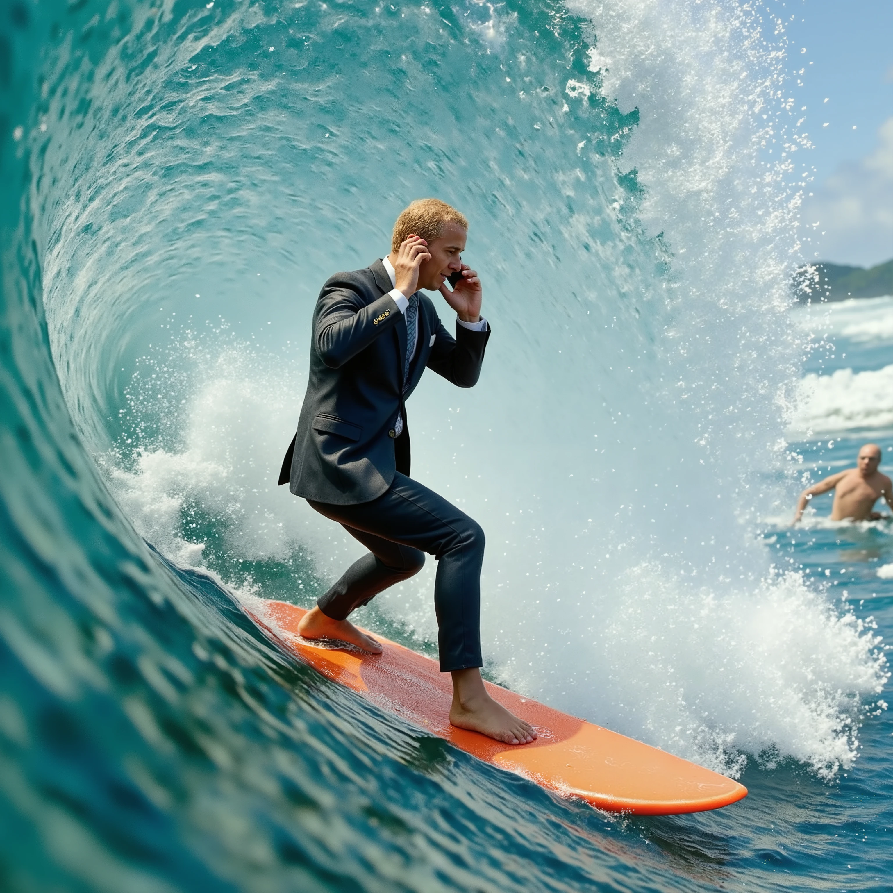 A man in a suit and tie with pants and bare feet is riding  on a surfboard inside the barrel of a huge 35-foot  tall wave. He is on his cell phone, and there is the figure of a gigantic great white shark right behind him. Ultra-realistic, photo-realistic , ultra-detailed,  physically-based rendering, extreme attention to detail, cinematic photography, cinematography, hyperrealistic, startling, bizarre, creepy, unnerving, masterpiece 