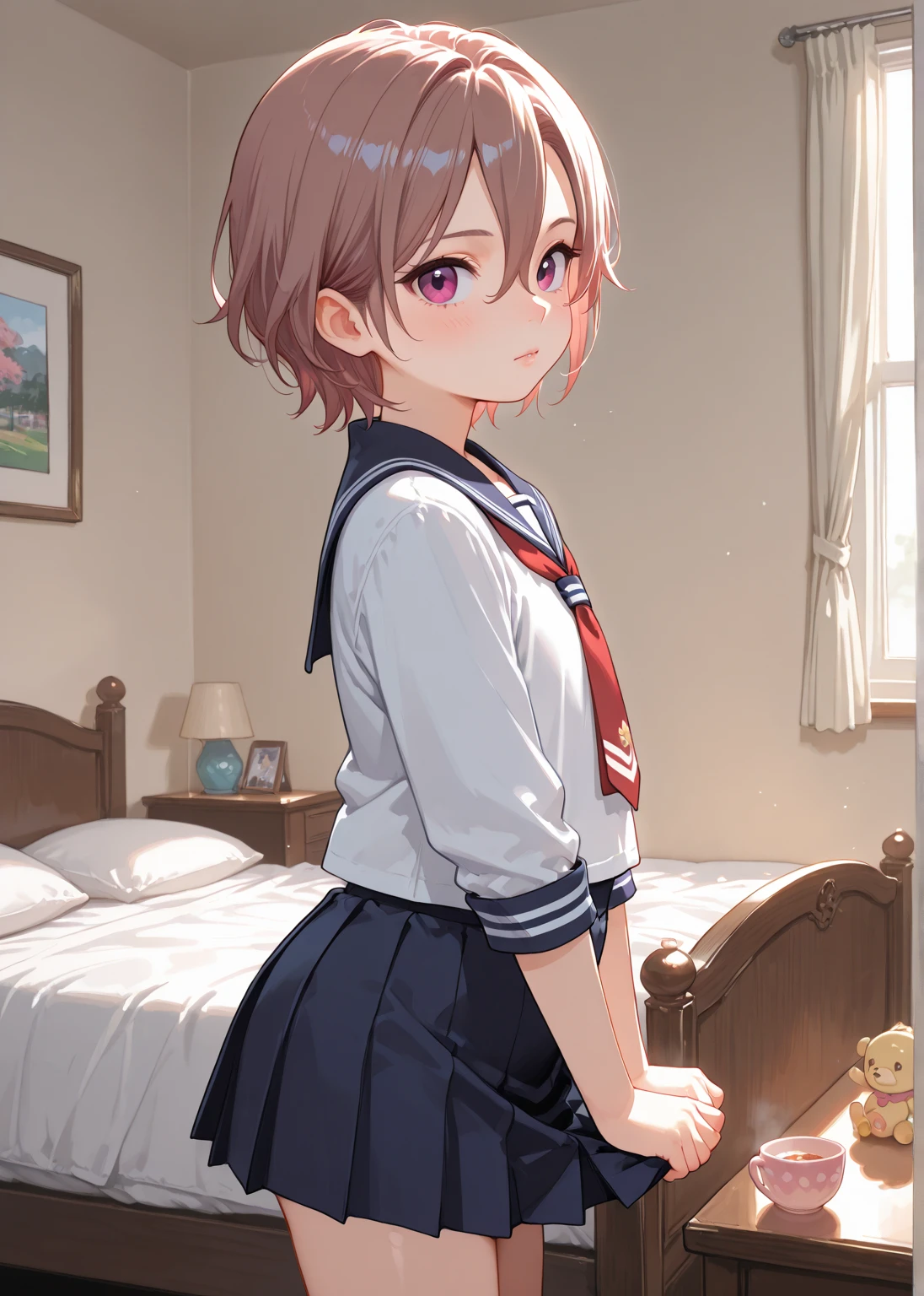 score_9, score_8_up, score_7_up, rating_explicit, masterpiece, best quality,high quality,highres,very aesthetic, absurdres, high detailed,optimal lightning,4k,8k wallpaper, source_anime, uncensored,official art, official style, megami magazine,BREAK,1 girl,risingstar xy,hairband,neckerchief,shirt,skirt,black thighhighs,unamused,disappointed,embarrassed,looking up,kneeling,handjob,BREAK,1boy,BREAK,dutch angle,