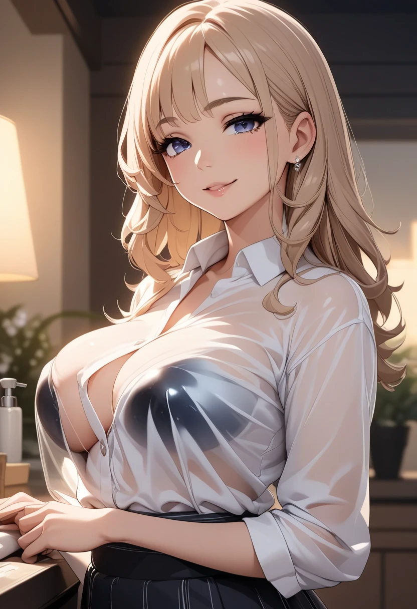 (((One girl))), blond hair, bob cut, (cowboy shot), (looking at viewer), face in focus, breasts, teenager, head tilt:1.3, (((blue eye))), ((happy smile)), ((blush)), school summer uniform, white shirts black skirt, ((cleavage)), anime style, (best quality, 4k, 8k, highres, masterpiece:1.2, ultra-detailed, ultra-detailed eyes, HDR, UHD, studio lighting, ultra-fine painting, sharp focus, physically-based rendering, extreme detail description, professional, vivid colors, bokeh)