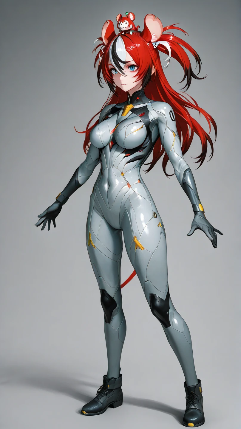 full body, standing on her feet, futuristic background, sexy appearance, starfire, red hair, ((orange skin)), breasts together, cleavage, makeup, (purple suit), mascara, long hair, beautiful eyes, large iris, ((green eyes)), Lips are soft or colored, simple black background, simple color palettes, clean, Crisp drawings, fluid silhouettes,vintage futuristic clothing, retro futurism, retrofuturism, Asymmetric, geometric, purple and silver clothes, Different designs, simple silhouettes, Technology style, future, high fashion, Simplicity and sophistication, sexy, slim, short outfit, sexy, Erotic, cleavage, youthful appearance, sweaty, in a robot, Evangelion