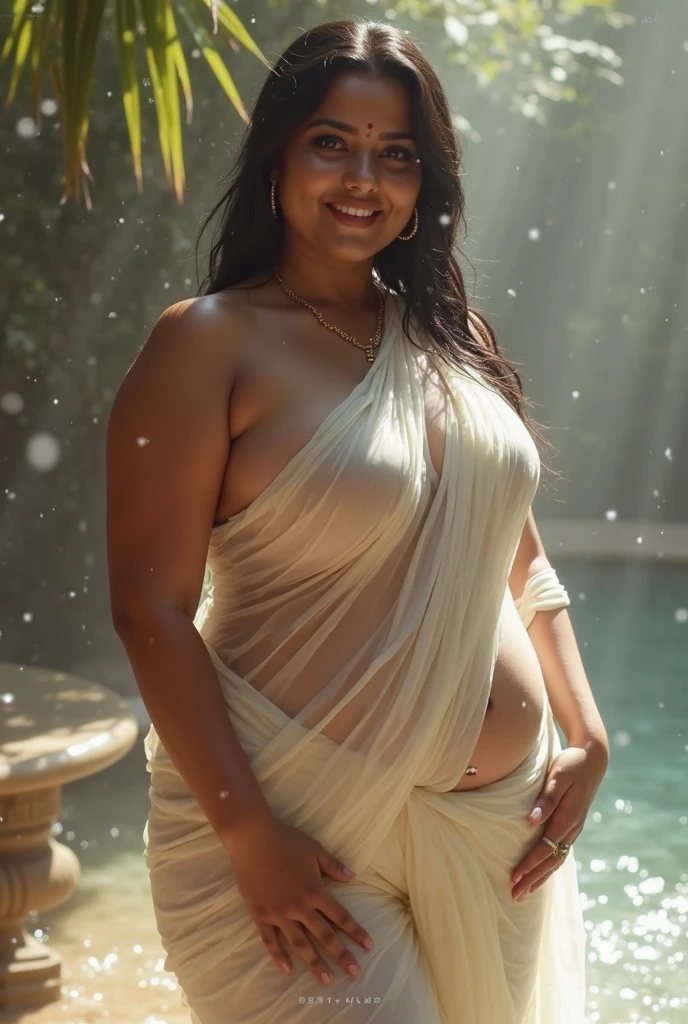 Indian model,40 year old mature woman, plus size body type,dark brown oily skin, glossy red lips,long black hair, wearing white saree, wet body, wet saree, ripped clothes ,see through clothes,raining, outdoor background, greenish background, full body view, high resolution