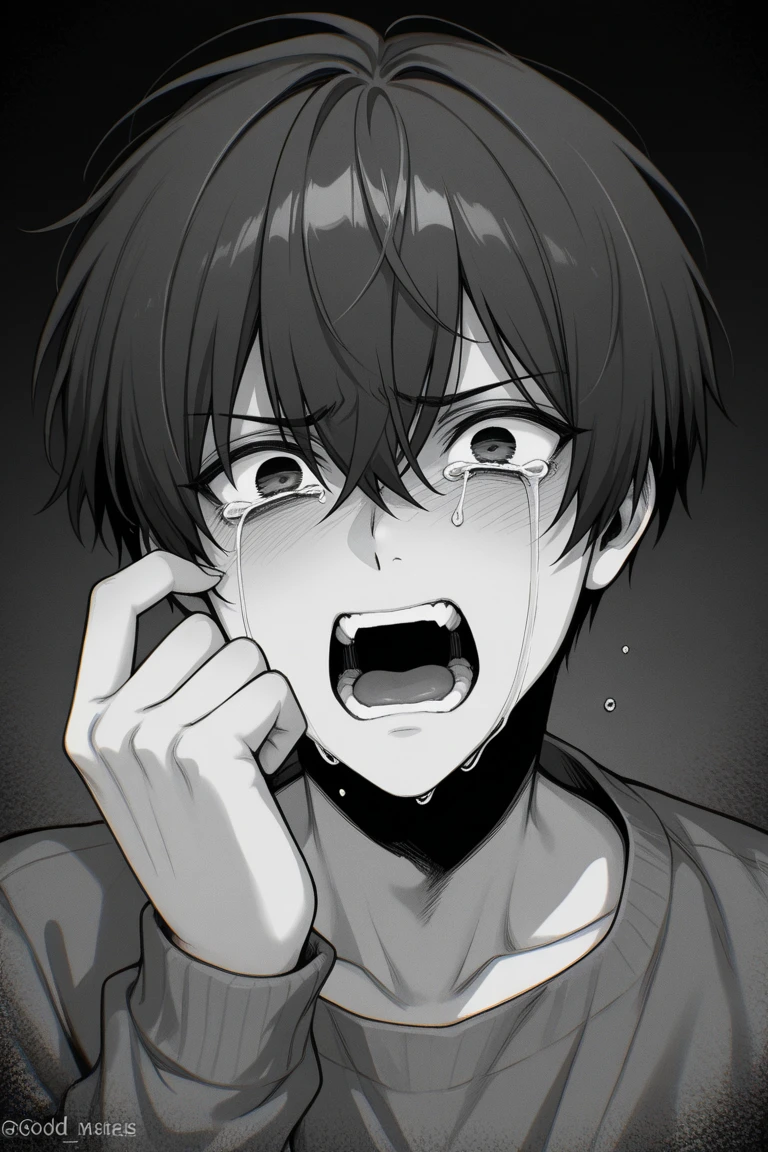 a anime of a girl close up with short hair and looking viewer, school uniform, black hair, half face, sweat, shocked, color manga, manga color, color manga, color manga panel, simple background