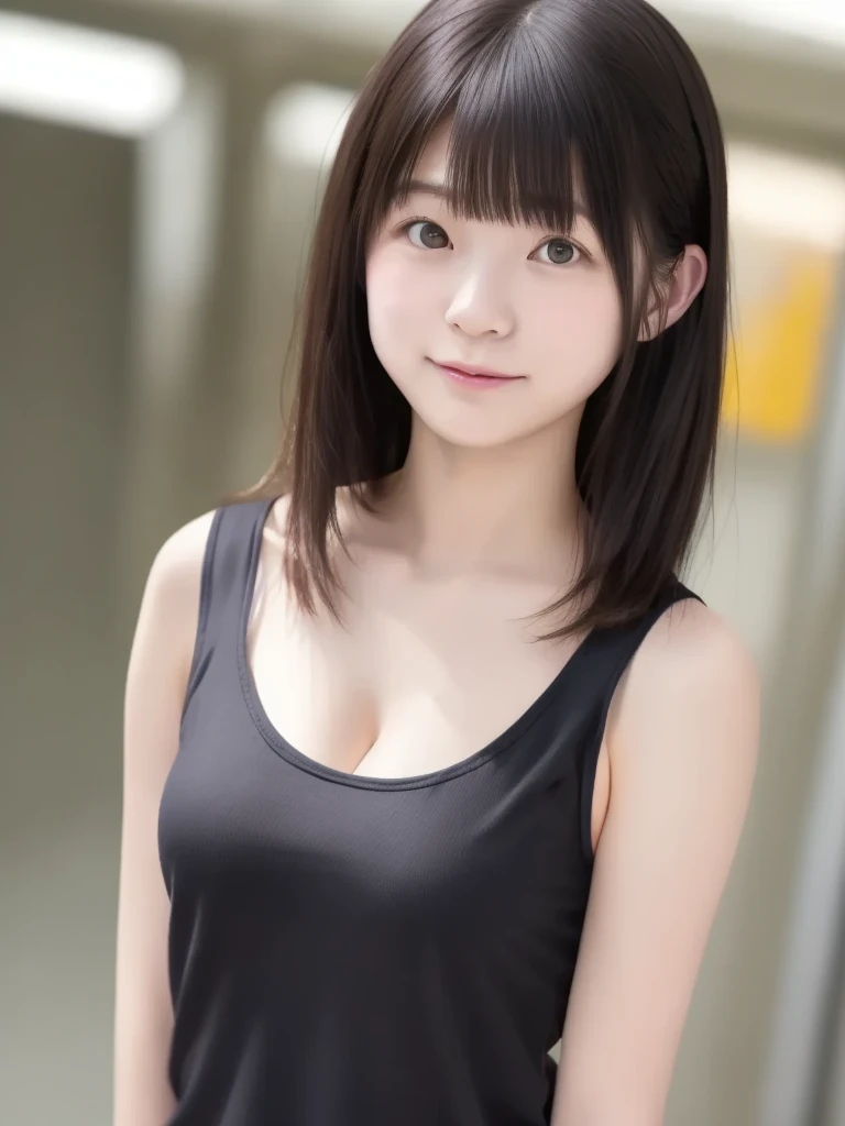 (A photo of your face:1.25), 6 years old, (cute:1.5), (Baby Face:1.4), (Round face:1.6), One Japanese woman, beautiful girl, Pretty face, (Straight Short Hair)、(Big Breasts:1.4), (View your viewers), (Standing facing the camera), (Laughter:1.4), (Tank top)、(Black background:1.6)
