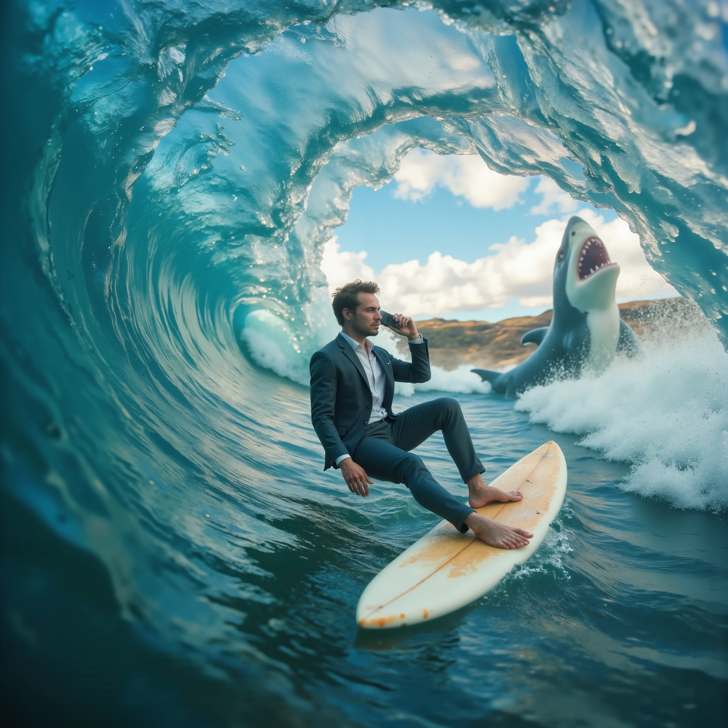 A man in a 3 piece suit eith pants and bare feet is riding  on a surfboard inside the barrel of a huge 35 foot  tall wave. He is on his cell phone, and there is the figure of a huge great white shark right behind him. Ultra-realistic, photo-realistic , ultra-detailed,  physically-based rendering, extreme attention to detail, cinematic photography, cinematography, hyperrealistic, startling, bizarre, creepy, unnerving, masterpiece 