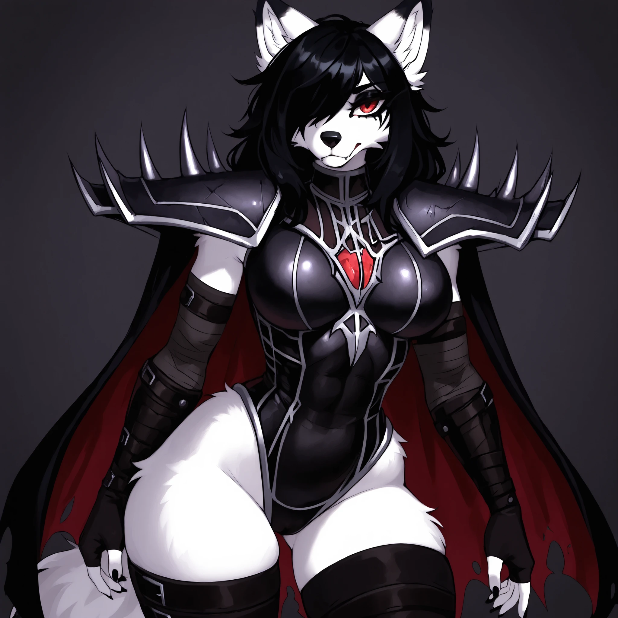 Source_furry, (((1girl))), furry, anthro, white fur wolf, long black messy emo spiky black hair, black bangs over left eye, red eyes, black vampire armor black eye shadow, black eyeliner, tall, curvy body, athletic body