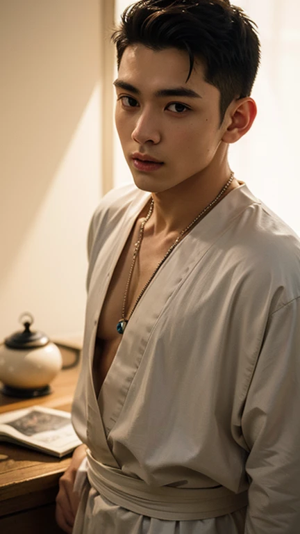 Handsome korean man. 24 years old, prisoner, look at the camera, (Orange prison uniform)portrait,dramatic shadow,Ray tracing, Best quality, Cinematic lighting, Extremely detailed CG, 8K wallpaper,Complicated.showing his chest . In the jail