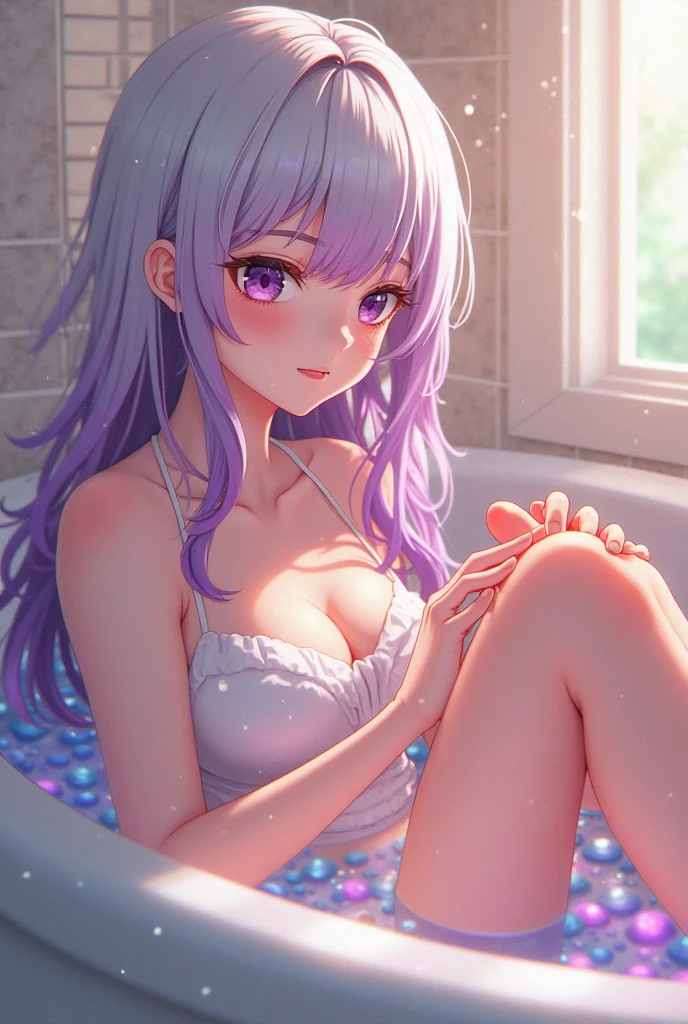 8K, Portrait, Maximum resolution, HDR, Ultra-realistic, 3D, 5 heads, Full body, Small child, Big face, Lolita, Squatting, Right hand touching the chest, Holding a large soft serve ice cream and licking deliciously, White liquid on the chest and mouth, Tons of water droplets in the crotch, grinning face, mouth wide open and tongue sticking out, transparent white skin, hard dark pink and areola, stockings from chest to leg, sensual, Drenched, sweaty, wet, high gloss, wet silver hair mixed with blue and green, pink and purple, seduction, ecstasy smile