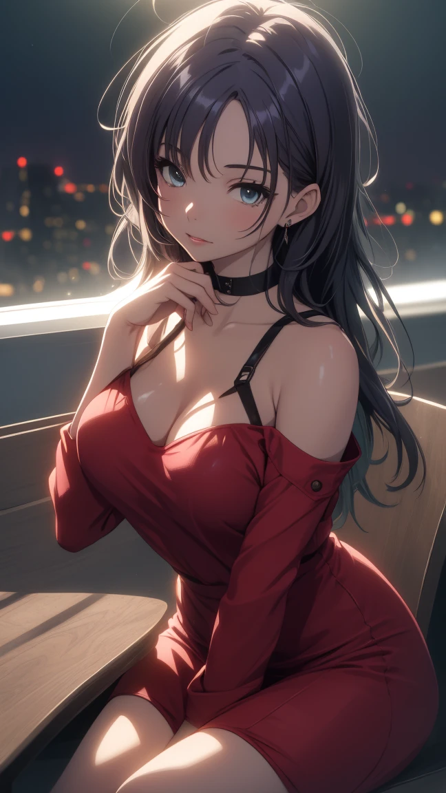 (best quality,4k,8k,highres,masterpiece:1.2),HDR,UHD,studio lighting,ultra-fine painting,sharp focus, girl sitting in an intimate private booth, elegant black dress, cleavage showing, seductive smile, cheeky smirk, woman inviting you to the couch, sexy atmosphere, private VIP booth, dim lighting, atmospheric lighting, open window night city view, night time