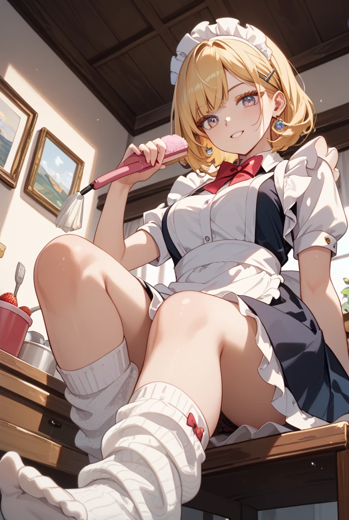 Drawing of a pudgy teen of late adolescence with rosy cheeks; brown eyes; creamy blonde hair. She is in a white dress with a prominent bow on her waist; she is wearing black dress shoes. She has muscular, toned, realistic feet and legs. Her legs are thick, fat and chubby. She is in a bathroom on a kawaii toilet with her legs crossed and an embarrassed, blushing look on her face. Her hands are on her thighs. Her pink panties are around her ankles.