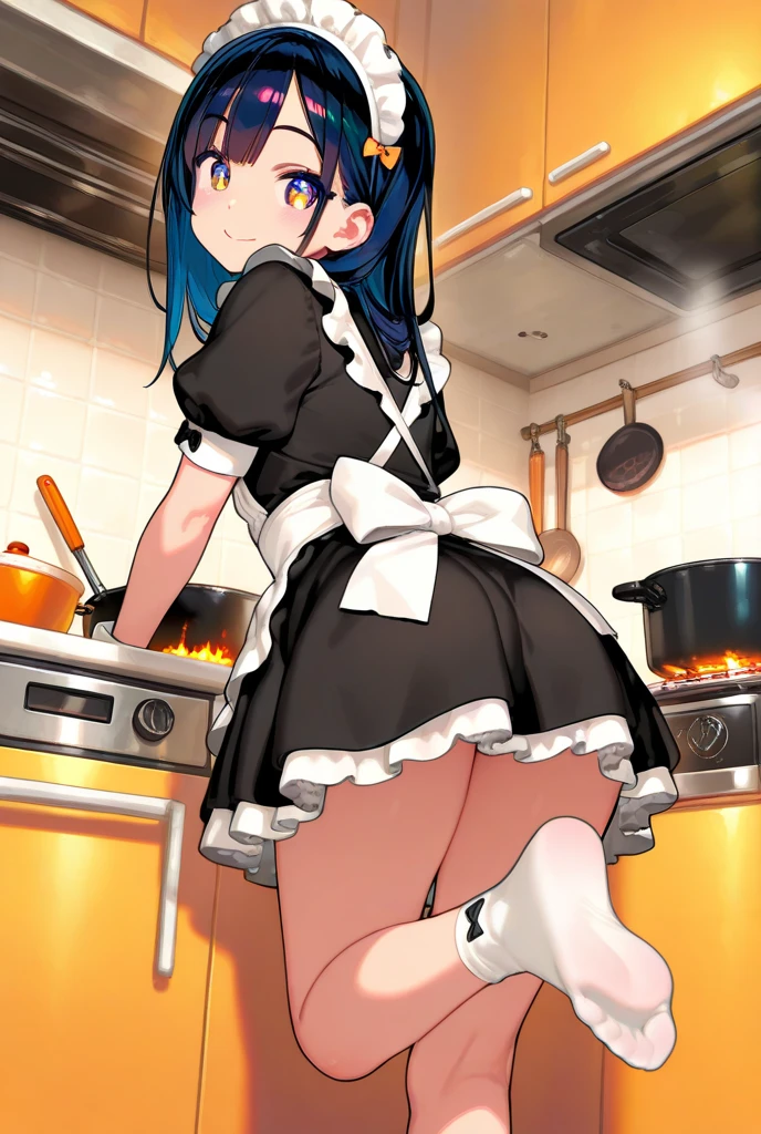 ((((masterpiece, best quality, high resolution)))), Extremely detailed 8K, Beautiful girl with slender body, (Ultra HD, Ultra-detailed, Highly detailed, Highly realistic, Ultra-realistic, photograph realistic), (1girl:1.5), (blue hair), (large breasts: 1.2), (dynamic poseacing at camera, cheeky smile, parted lips, (beautiful detailed face, beautiful detailed eyes), (white naked apron, kitchen, arms behind back), no pants, wet clothes, transparent clothes, viewed_from_behind, visible back, butt_cheeks, (creampie:1.2), (cum dripping on thighs)