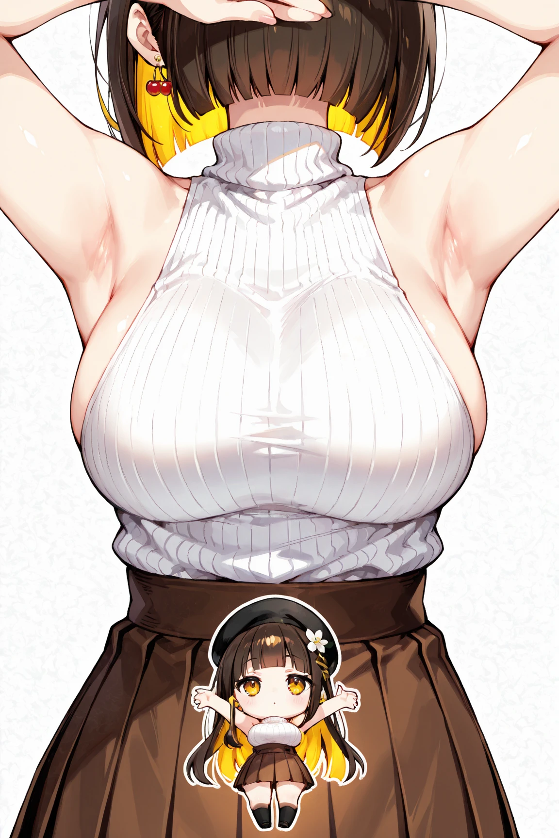 (2heads:1.2), 1girl,solo,anisdef, yellow eyes, cleavage, grey jacket, thighhighs, open clothes, beret, masterpiece, absurdres, best quality, white background, action pose, dynamic shot, half body, big smile