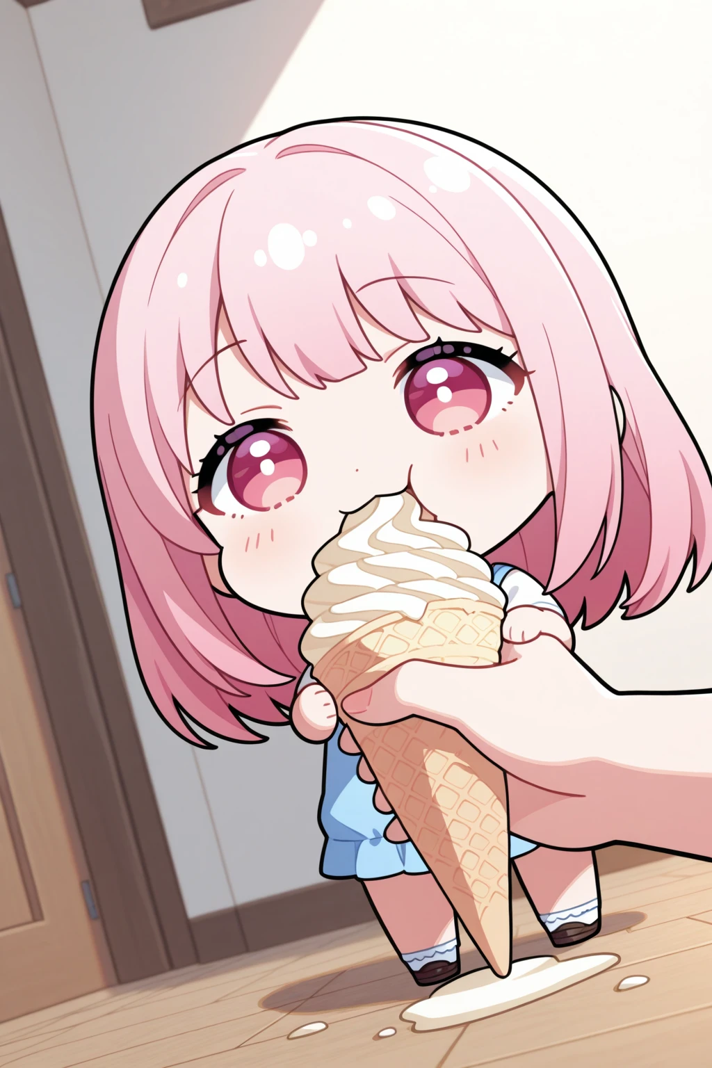(1 person),(Best image quality, 8k, masterpiece:1.3), Anatomically correct, ((Pink Hair Bob Cut:1.1)),(Swept-apart bangs,), (Cute eyes, Dark Eyes), (Mole under right eye), (thin), (Large Breasts),(Glowing Skin:1.1),(Pale skin:1.2),(Fantasyな雰囲気),(look up),Ultra-high resolution, Textured skin, Sparkle Effect, Fantasy,Bright Eyes,high school student,

wedding,church,
white girdle,White lace panties,bride,White garter belt,Blue bouquet,Wedding dress,Off-the-shoulder dress,Silver Tiara,Veil,Silver Necklace,

Wet body,Cleavage,Sweat,


Eat white popsicles,Saliva stringing,Food is on the face,

On all fours,
