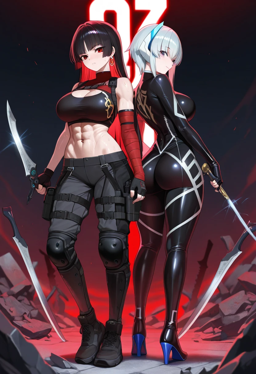 Create an anime fight scene, a black-haired wizard with a well-defined body, a magician with sexy clothes and long messy red hair with braids, are struggling, Training together