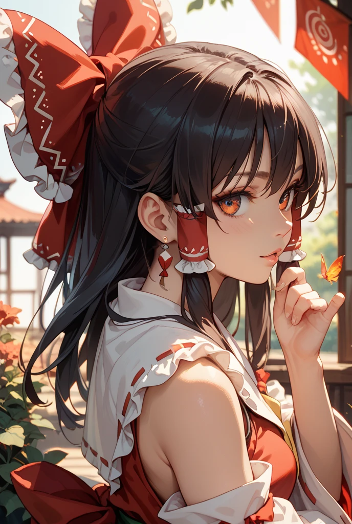 2d, masterpiece, Highest quality, アニメ, Highly detailed eyes, Highly detailed face, Highly detailed background, Perfect lighting, whole body, One girl, Kaguya-shinomiya, kaguya shinomiya, Folded ponytail, amount, hair ribbon, (Red eyes:1.5), red ribbon, ribbon, short hair, Side Lock, BREAK , Pinafore dress, , shirt, Short sleeve, white shirt, (smile) , (smile) , (smile) ,  BREAK (masterpiece:1.2), Highest quality, High resolution, unity 8k wallpaper, (figure:0.8), (Beautiful attention to detail:1.6), Highly detailed face, Perfect lighting, Highly detailed CG, (Perfect hands, Perfect Anatomy), Outdoor, Garden, Grass, Are standing, On the ground, Looking at the viewer, look up, Close-up, sunny, Medium Chest, Take my breast off, (blush:1.1), Cleavage, Open clothes, Leaning forward, Cowboy Shot, Front figure, Shining Sunshine, Hair flapping, wind lift, Strong winds, From below