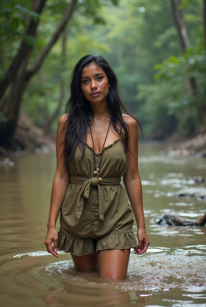 [[((young attractive South African woman with medium-dark skin, long waist-length curly dark hair with subtle blond highlights, sun-kissed glow, striking hazel eyes, and subtle henna designs:1.5)), ((Amara Johnson:1.4)), sitting peacefully in a lush nature retreat. Amara is wearing ((a flowy, bohemian dress with cultural patterns:1.6)), sitting on a rock with a spiritual and confident expression. The background features tall trees, a flowing stream, and dappled sunlight. The scene is captured with a ((digital SLR:1.3)) using a ((50mm prime lens:1.3)) for a close-up perspective. Post-production enhances the natural colors, highlighting her unique features and adding a ((soft bokeh effect:1.2)) to the background. The image should be in ((8K resolution:1.2)) with ((hyper-realistic detail:1.4)). The focus is on Amara's unique hair, sun-kissed skin, henna designs, and her stylish bohemian attire, showcasing her as a sexy, spiritual, and healt?-conscious individual with a serene and confident presence.]]
