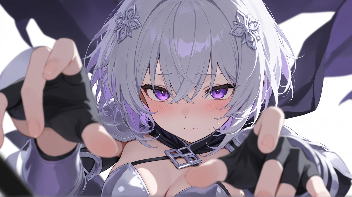 Creamy white hair,Deep purple pupils,A cute and seductive succubus girl