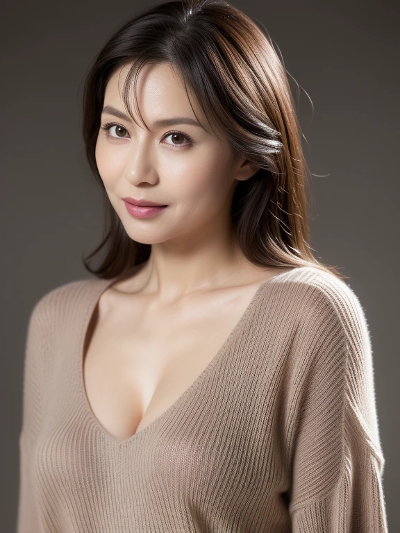 Fascinating、attractive、i doubt it、Ultra-high resolution, masterpiece, highest quality, Perfect glowing skin, Perfect lighting, Detailed lighting, Muscular Japanese middle-aged woman, 55 years old、, Beige lightweight knit, Looking at the camera, Off the shoulder, Brown wavy hair with highlights、Big Breasts, Large exposed cleavage, Black double eyelids, Browsing Caution, ((Dark Background)), Sexy Face, Facial expressions when feeling happy,whole body、Loose skin