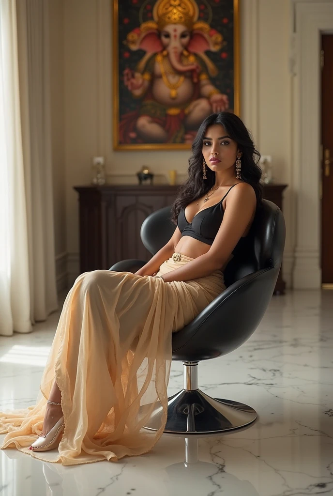 (Full body portrait:1.4), RAW UHD portrait full body photo of a 22-year-old Sri Lankan woman named Kasuni, long dark hair, dark skin, black eyes, athletic feminine features, DSLR, ultra quality, sharp focus, tack sharp, photorealistic, detailed skin pores, oiled skin, mid-sized breast, subtle tattoos on arms and thighs, intricate eye detail, sitting on a luxurious throne, posing towards the left inside a grand hotel, evening natural sunlight on face, full shoes, a vibrant Expensive necklace, colorful big wrist watch, tiny earrings, solid black color long party dress.