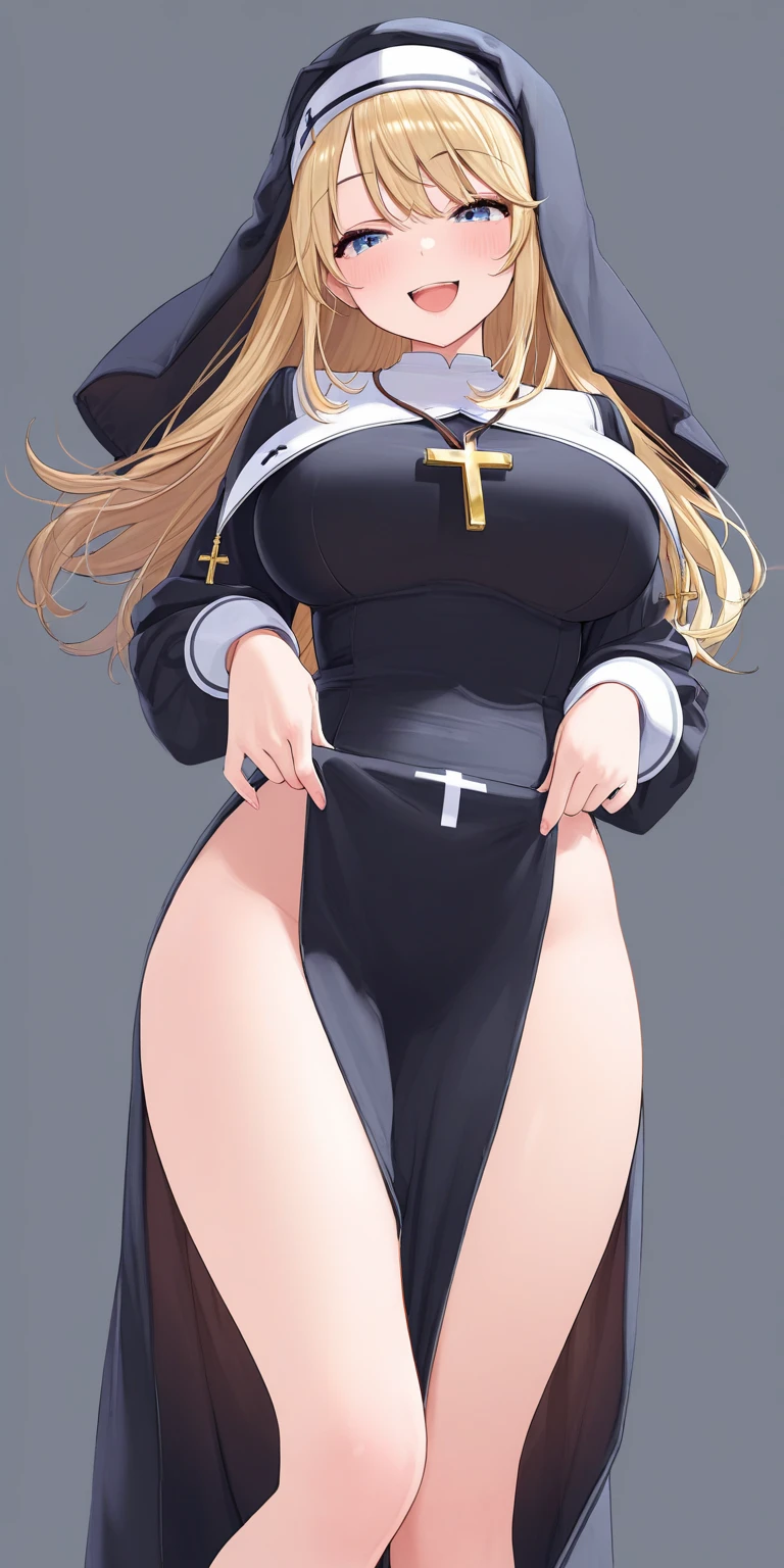 a woman nun sect sexy beautiful big breast beauty skin pink short pink hair disheveled her eye black pupil yellow dresses black nun and a black skirt longer pair white socks long black shoe