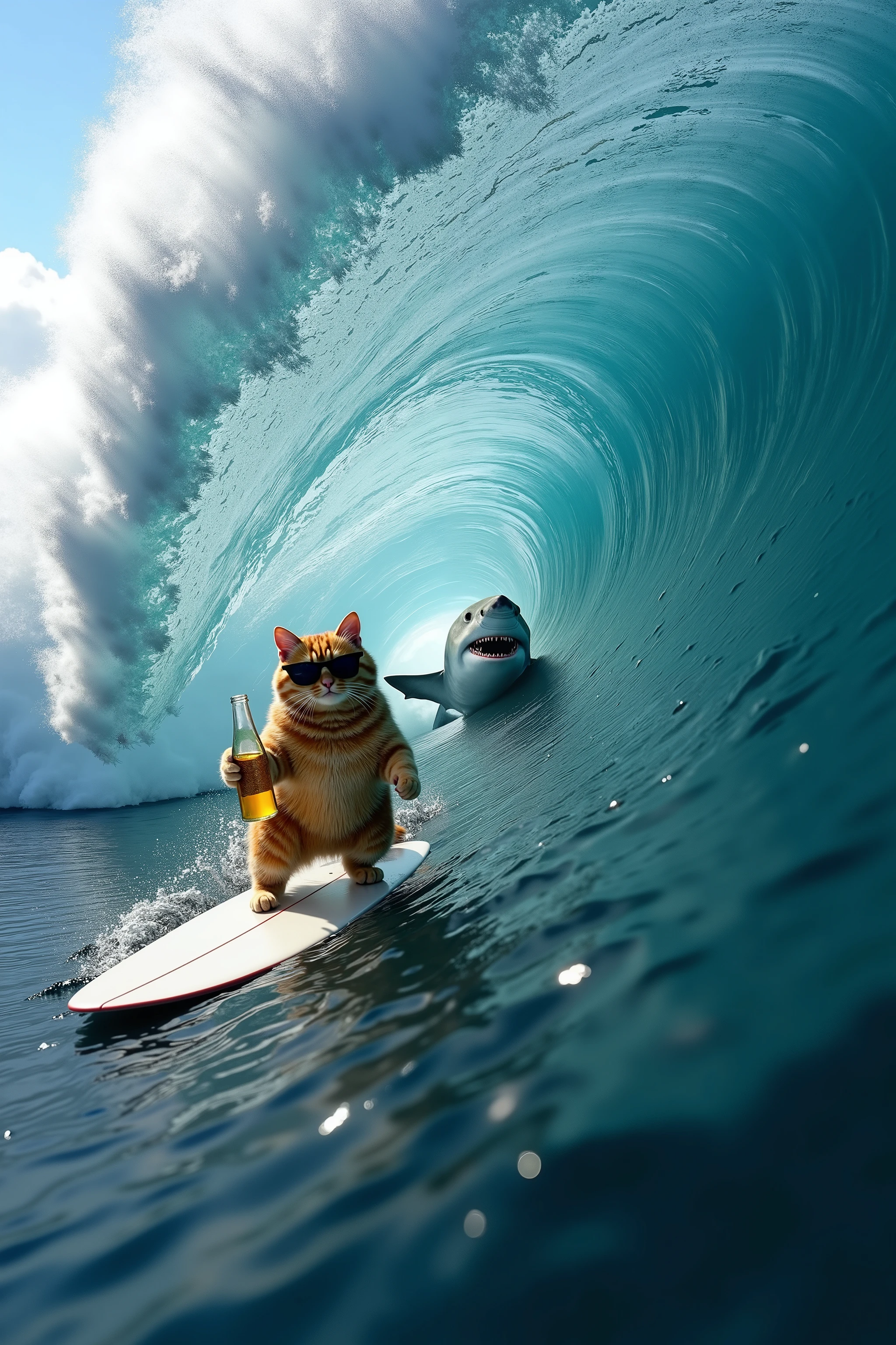 A cat with sunglasses and a beer  is riding a surfboard inside the barrel of a huge 35-foot  tall wave. He's looking cool and there is the figure of a gigantic great white shark right beside him. Ultra-realistic, photo-realistic , ultra-detailed, physically-based rendering, extreme attention to detail, cinematic photography, cinematography, hyperrealistic, startling, bizarre, creepy, unnerving, masterpiece 
