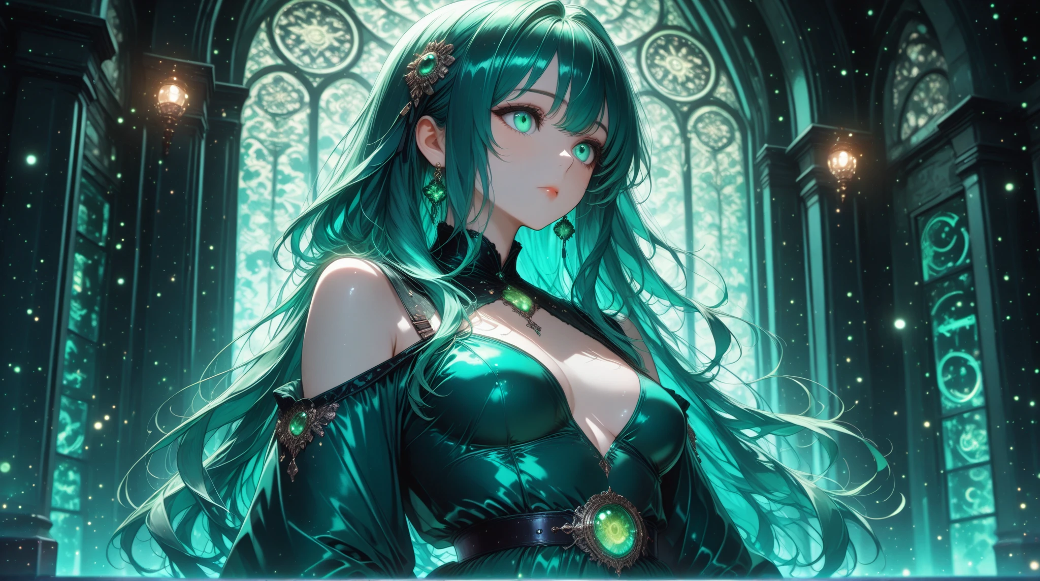 Waifu trading card back design, mysterious girl with green hair, wearing a black mask with a question mark, holding pocket watch and tarot cards, kind and gentle expression, vibrant and abstract background, intricate details, sharp and dynamic, vibrant colors, high contrast, fantasy anime style, sharp lines, neon accents, elegant composition