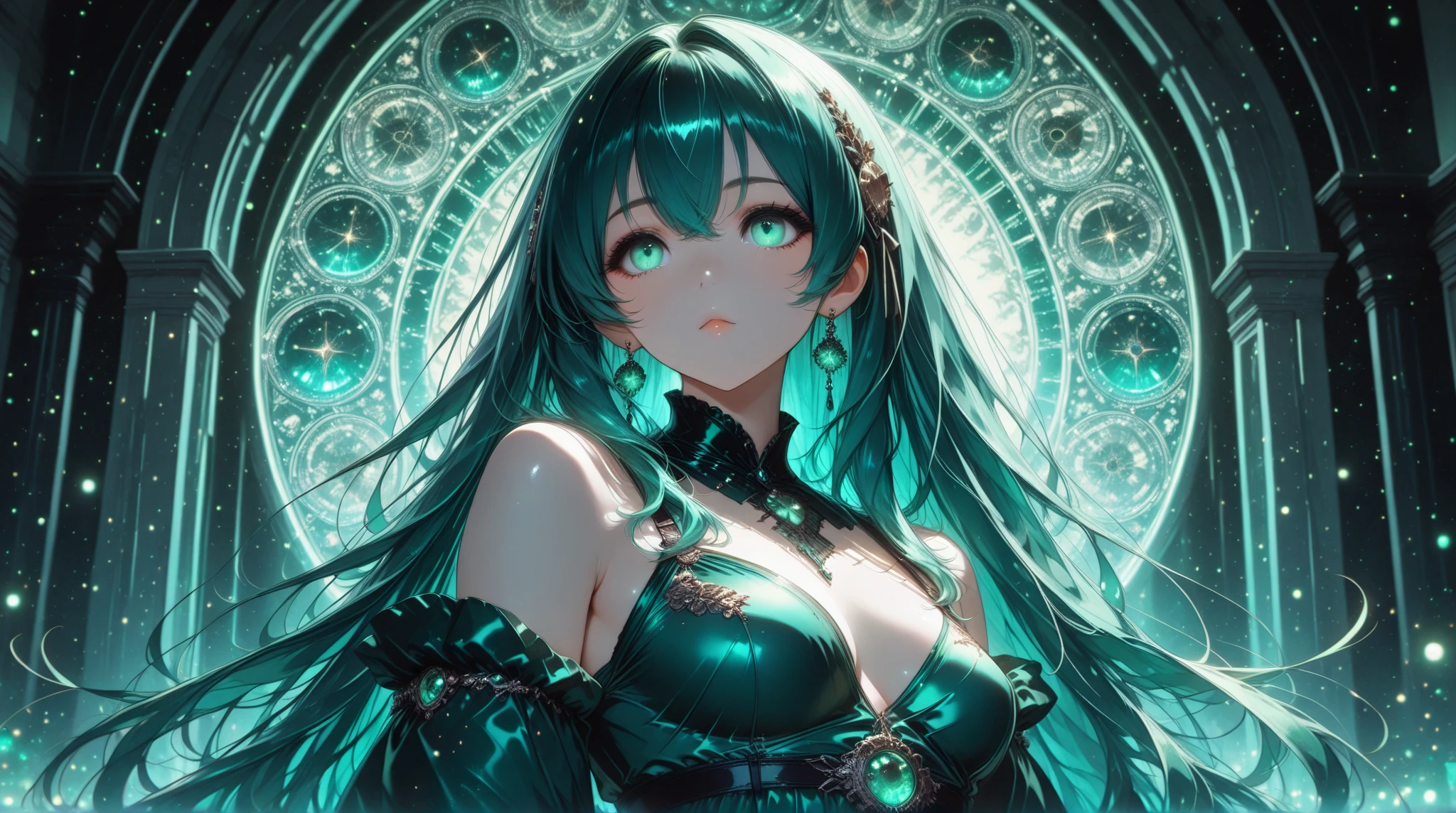closeup of statue of a beautiful goddess, sculpture made of emerald gem, long hair and glowing green eyes, (naked), topless, black background, mysical atmosphere, dark fantasy