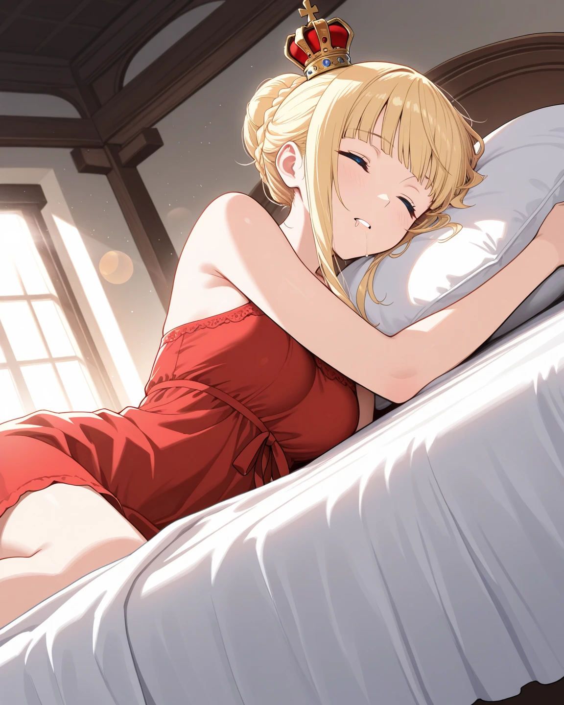 (Masterpiece, Top quality:1.5), nsfw, (lying on one’s back:1.3), (1 beautiful girl, solo:1.2), (short height:1.3), (Camisole and Silk Pajama Pants:1.3), (strap slip:1.2), Blonde hair:1.1, medium Hair, wavy Hair, asymmetry bangs, swept bangs, airy hair, large breasts:1.2, (sleepy-eyed:1.3), blush:1.2, beautiful scene of bedroom, magnificent panorama view, blurry background, open mouth